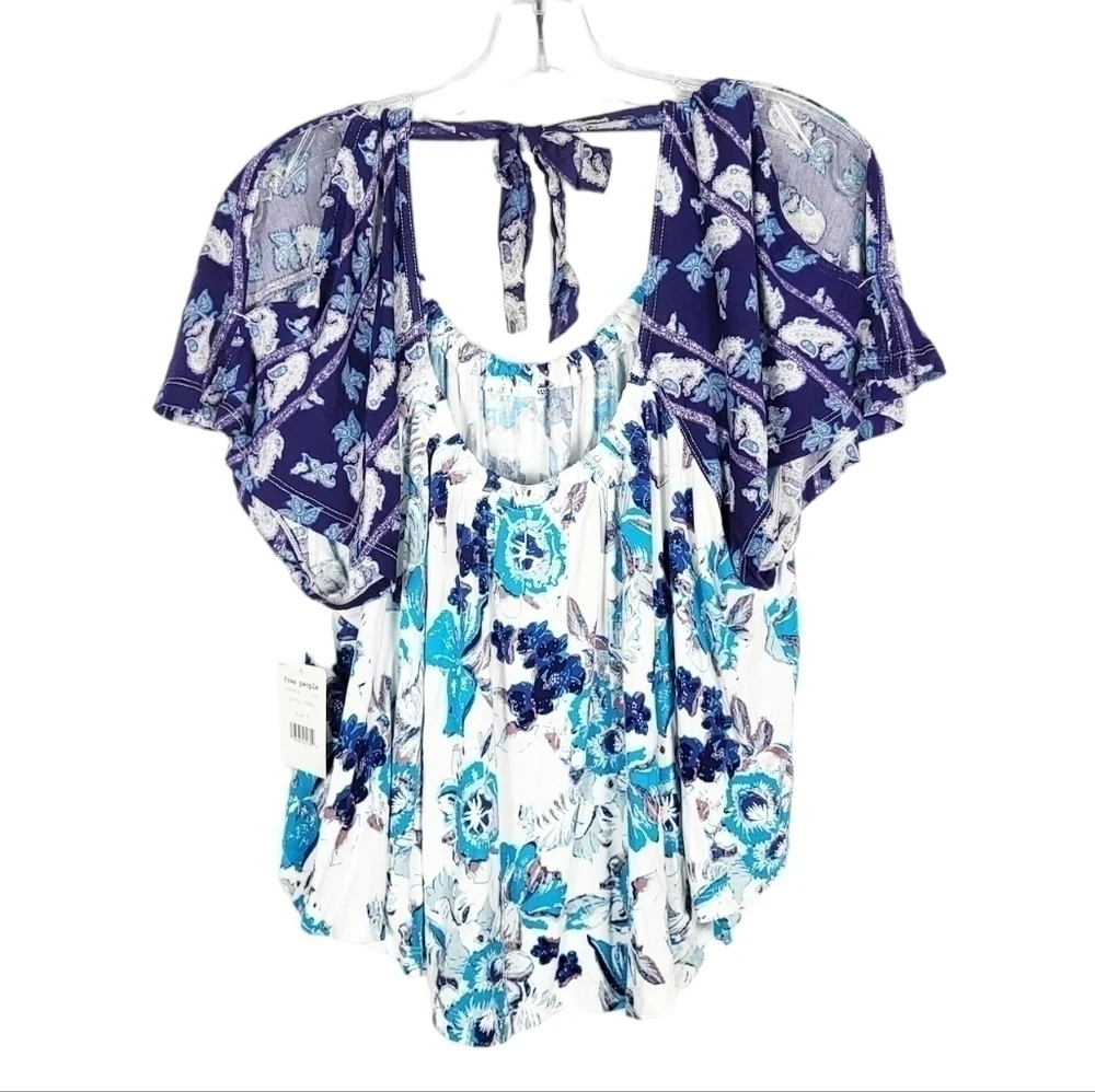 FREE PEOPLE Blue Floral Boho Baja Babe Open Tie Back Cold Shoulder NWT